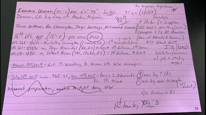 Jon Anik’s notecard for Leon Edwards at UFC 278.